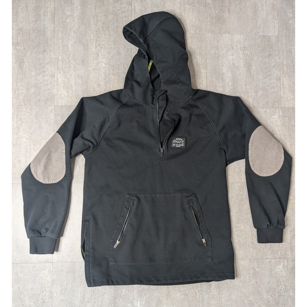 Saga Outerwear Jacket Mens Large Black Snowboard Hood Elbow Patch 1/4 Zip